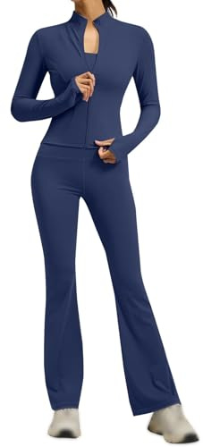 Leaomuny Set 2 Pezzi Palestra Donna Tuta da Abbigliamento Slim Fit Completo Sportivo Top Maniche Lunghe con Zip e Pantaloni a Gamba Larga Campana Vita Alta Fitness per Yoga Pilates Gym Outfit Workout