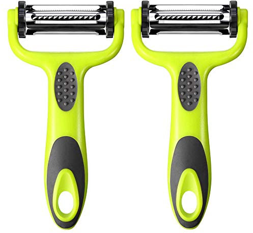 Aiqeer 2 Pezzi 3 in 1 Pelapatate Girevole Multifunzionale, Pelaverdure, Peeler Frutta, Bucciatrice con Lama Girevole in Acciaio Inox e Manico Antiscivolo, per Frutta e Verdura (Verde)