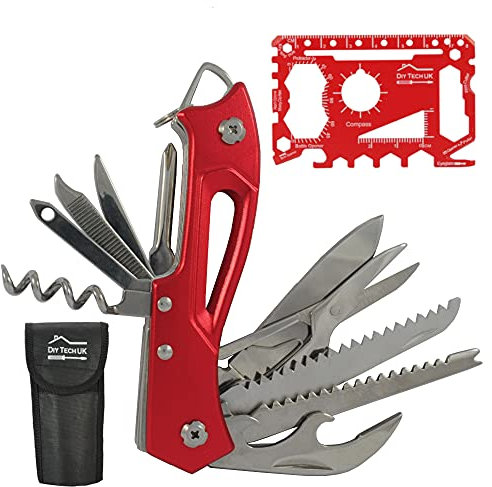 DIY TECH UK - 13 in 1 Pocket Multi Tool with UK Legal Folding Knife + Mini Multitool with Scissors, Saw, Tin Opener, Bottle Opener, Corkscrew, Screwdriver Red - with Pouch