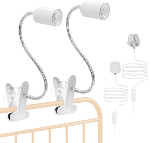 E27 Lamp Holder 2Pcs Flexible Clip Desk Lamp Metal Clip Light, White Clamp Light with 360° Rotatable Gooseneck and 220cm Cable Switch for Bedroom, 60 W Max