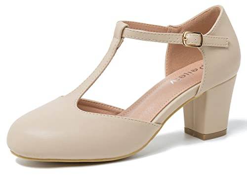 Women's T-Strap Mary Jane Pumps, Block Heel, Closed Toe, Dress Shoes with Buckle Matte Nude 42 - US 9.5