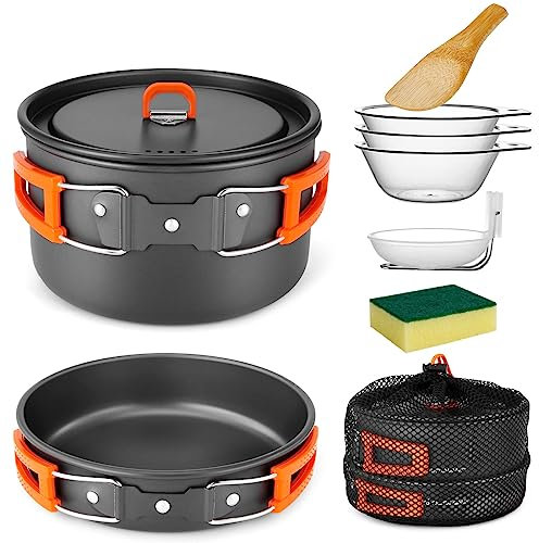 Odoland Camping Kochgeschirr Set, 9-Teilig Outdoor Geschirr Set mit Camping Topf 2.9L, Camping Bratpfanne 0.9L für Camping Outdoor Kochen Wandern Reisen