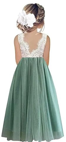 Odizli Vestido largo de noche para niña de flores, encaje sin espalda, línea A, vestido de tul para boda, primera comunión, fiesta, Verde #A, 11-12 Años