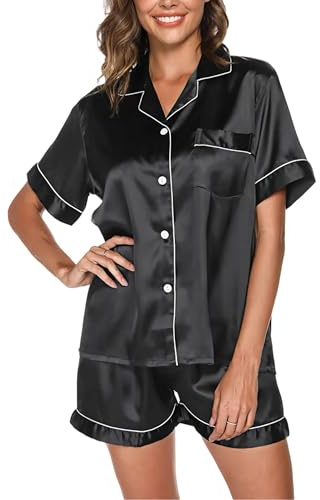 GAESHOW Sommarpyjamas av satin för dam, tvådelad, kortärmad silkespyjamas med knappar, långa byxor, mjukt, bekvämt pyjamasset, storlekar S–XL