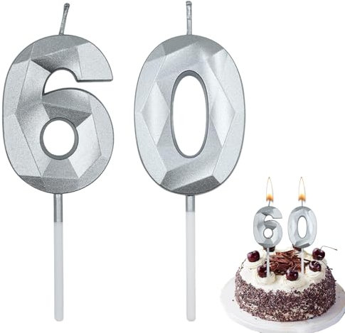 Chiffres de bougies d'anniversaire, bougies d'anniversaire 3D de 5 cm, décoration de gâteau de bougie d'anniversaire pour fêtes d'anniversaire, mariages, fêtes d'entreprise (argent, 60)