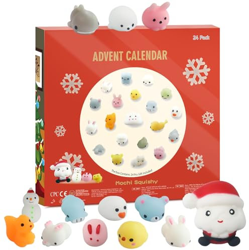 Mochi Squishy Advent Calendar 2025 Kids Kawaii Luminous Mochi 24-Day Holiday Countdown Christmas Ornaments Christmas Surprises Xmas Holiday Party Relief Stress Reusable Gifts for Boys Girls Teenagers