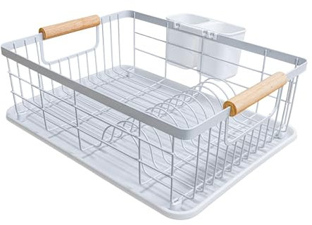 Amig - Scolapiatti Graz - 42 x 31,5 x 15 cm - Acciaio con Manico in Legno - Colore Bianco - Scolapiatti con Vassoio di Sgocciolamento e Supporto per Posate - Capacità per 10 Piatti e 6 Bicchieri