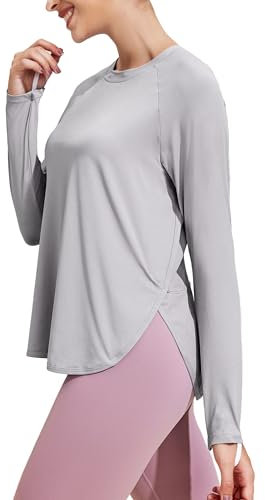 PINSPARK Sport Shirts für Damen Sonnenschutz UV Schutz Shirt Langarmshirt UPF 50+ Sportshirt Rashguards Leicht Tshirt Schnelltrocknend Laufshirt Sommer Yoga Fitness Tops Hellgrau L