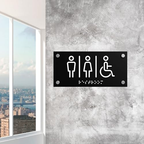 Modern Acrylic Restroom Sign, All-Gender Bathroom Plaque with Braille, Wall-Mounted Unisex Toilet Signage