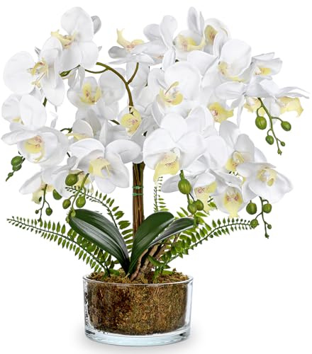 Flores artificiales de orquídeas blancas de 16.5 pulgadas en maceta, arreglos florales falsos con jarrones de cristal, centros de mesa blancos para cocina, comedor, mesas, baño, mesita de noche
