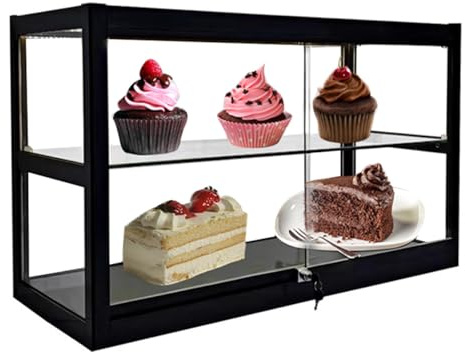 Vetrina Espositiva For Pasticceria A 2 Ripiani, Da Banco, For Panetteria Commerciale, Con Piano In Metallo, Vetrina In Vetro Temperato, Ante Scorrevoli In Vetro Con Serratura(Black,60cm)