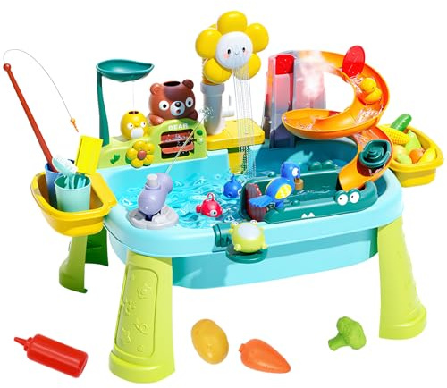 Juego de Juguetes de Cocina con Bomba de Agua Eléctrica,Juego de Arena y Agua para Niños con Grifo,Accesorios de Comida de Juguete, Juguete de Pesca,Fregadero de Cocina para Niños de 3 Años