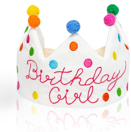 Hand Embroidered Birthday Girl Crown Hat - 100% Natural Fiber Linen, Reusable Confetti Dots Party Hat, Girl Birthday Crown Decor with Wool Balls for Birthday Celebration Party Decor- Fit All Ages