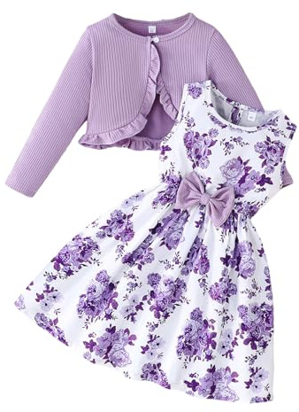 XIXIMAON Girls Dress and Cardigan Set Flower Floral Bow Decor Sleeveless Sundress Long Sleeve Ruffle Ribbed Jacket Kids Casual Party Dresses 2-8 Year (Purple, 8 Years)