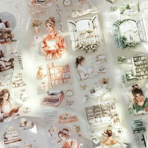 Lote de 4 Rollos de Washi Tape PET – Cintas Transparentes y Coloridas con Motivos de Personas para Scrapbooking, Bullet Journal y Junk Journal, Pegatinas para Lettering,DIY, Decoración Álbum de Fotos