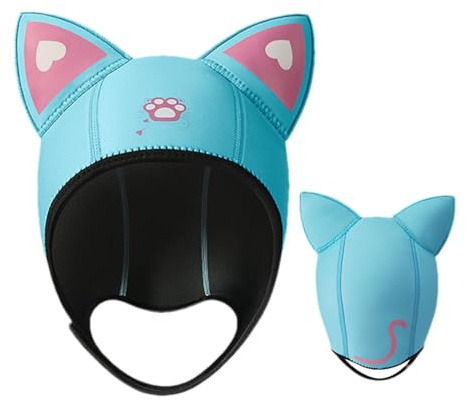 Dykhuva med kattöron av 3 mm neopren – varm neoprenhuva för dykning och snorkling | ergonomisk termisk huvudbonad för kvinnor och barn | Rolig tecknad design för vattensport, en storlek
