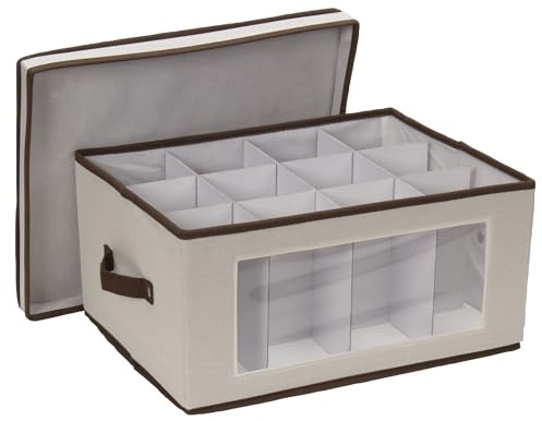 Household Essentials Wine Glass Storage Box, Strong Frame and Handles, Windowed Panel, Fully Removable Lid, Stackable and Foldable, Perfect for Wider Stemware