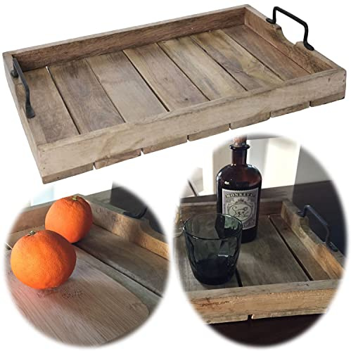 LS-LebenStil Nachhaltiges Mango-Holz Serviertablett 38x25x5cm mit Griff Metallgriffe Holztablett Küchentablett Frühstückstablett Betttisch Betttablett Teetablett Frühstück Geschirr Getränke Deko