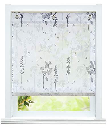 ESLIR Raffrollo ohne Bohren Raffgardine mit Ösen Halbtransparent Gardinen mit U-Haken Ösenrollo Laternenblume Muster Grau BxH 100x140cm 1 Stück