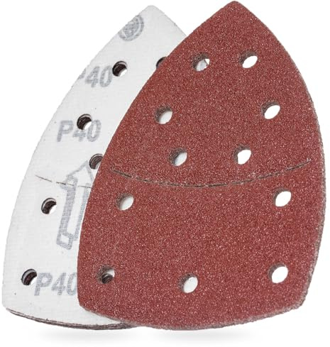 YoiYee 40 Grit Mouse Sander Pads, 11 Hole Delta Sanding Sheets, 10 Pack | Coarse stock removal and paint stripping, 152mm x 105mm, aluminium oxide, hook and loop backing, fits detail multi-sanders