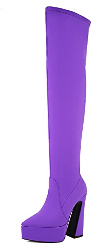 Bviennic Mujer Tacón Ancho Vestido Thigh Botas Stretch Sin Cordones Moda Puntiagudo Prom Elegante Plataforma Sobre La Rodilla Boots Morado Talla 39 EU-40Cn
