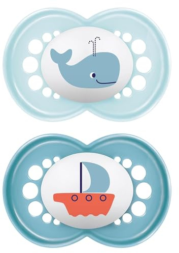 MAM Ciuccio originale, 16+ mesi, 94% di accettazione, adatto all'allattamento, consigliato dalle ostetriche, delicato sui denti, in silicone SkinSoft, balena/barca, 2 pezzi