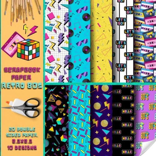 Retro 80s scrapbook paper, 8.5x8.5, 10 Designs, 20 Double-Sided Sheets: Scrapbooking Paper for Junk Journals, Decorative craft Paper for Gift, Decoupage, & Mixed Media, Origami, Collage & Card Making
