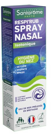 Santarome Bio - Spray nasal eau de mer isotonique - Nettoie au quotidien, apaise & hydrate le nez - Nez bouché - Adultes & enfants - 100 ML - Eau de mer bretonne - France