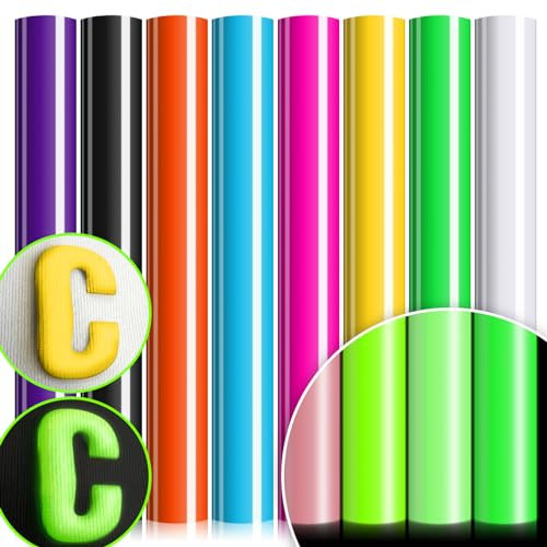 MJARTORIA Plotterfolie Textil Flockfolie für Plotter, Schaumstoff 3D Flockfolie Plotter Textil Puff Vinyl, Vinylfolie Transferpapier zum Aufbügeln Plotter für DIY T-Shirt Leder (8pcs Leuchtend)