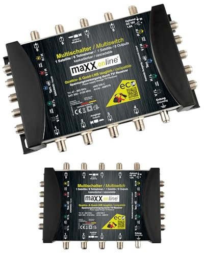 maxx.onLine Kaskade Commutateur multiple 8 participants & 1 satellite, compatible LNB Quad & Quattro, DVB-S Multiswitch 5/8 avec mode économique Eco, Terr. Actif