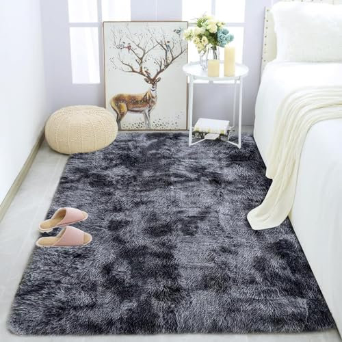 Tinyboy-hbq Teppiche Flausching Wohnzimmer Teppiche Shaggy Teppich Schlafzimmer Waschbarer Weiche Teppich Bequeme ​für Wohnkultur (Grau Schwarz, 80 x 120 cm)