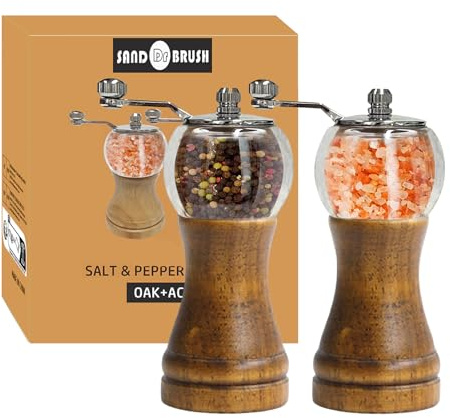 Pepper Grinder Set Classical Hand Shake Wood Manual Pepper Grinder, Setrefillable Wooden & Acrylic grinder,Ceramic Blades metal handle tools, Enjoy Fresh Ground Pepper Salts & spices 2PCS-6IN