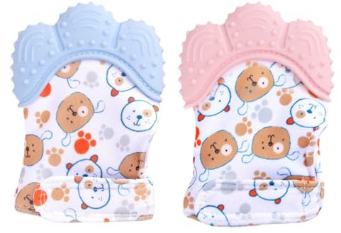 WMUVAZA Baby Beißhandschuhe, 2 Stück Handschuhe Beißring Spielzeug Knisternder Handschuhe Beißring Spielzeug, Schutzhandschuh BPA Frei,Beruhigen Sie wundes Zahnfleisch, für 0-12 Monate Baby
