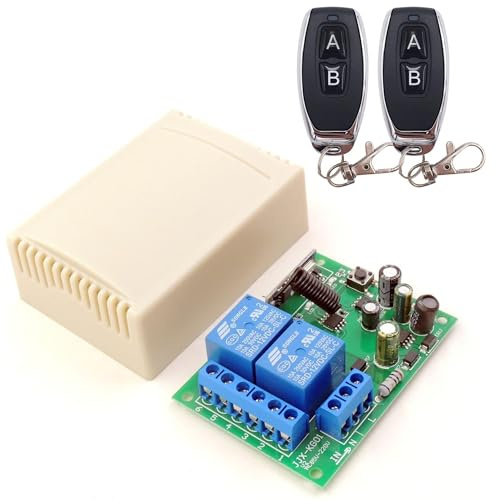 Receptor RF universal para puerta de garaje y control de luces con mando a distancia 2 canales 220 v 12-24v interruptor rele transmisor para puertas persianas porton cochera (12/24V - 2 Remotes)