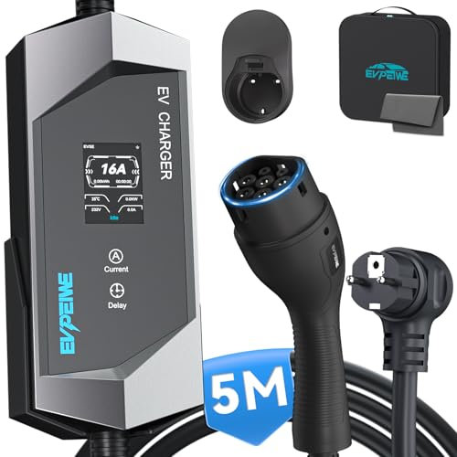EVPEIWE Typ 2 EV Ladekabel Schuko [3.68KW, 16A, 5M] EV Ladegerät Typ 2 Tragbares EV Charger mit LCD-Bildschirm, Mobiler Ladestation/Wallbox Einstellbarer Strom 6-16A für Elektroautos IEC 62196-2, IP65