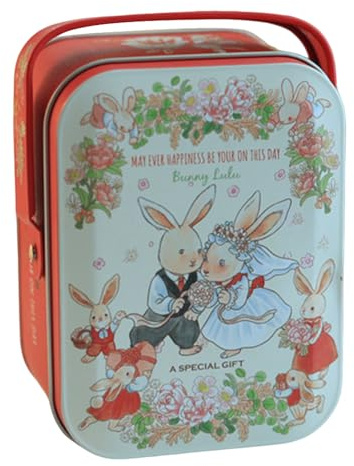 BYYLECL Scatola di latta rettangolare piccola, con manico, per matrimonio, scatola di latta vuota per caramelle, cioccolato, coniglio, scatola regalo d'amore