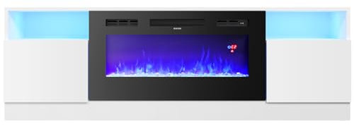 Warmiehomy Electric Fire Insert TV Stand, 78 TV Unit with Fireplace Built in, 12 Colors Moon Light & 12 Flame Effect Support, 36 Fireplace, Remote Control & Overheat Protection, White