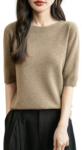 Chanyarn Donna 100% Lana Merino Manica Corta Maglione 2025 Primavera Estate Inverno Morbido Girocollo Senza Cuciture Maglia Maglione (Tan,L)