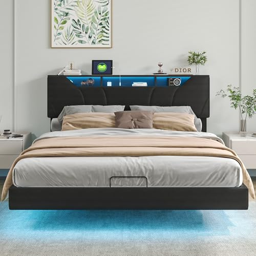 KSFASHZ Letto Imbottito 160x200 Matrimoniale con Contenitore Idraulico, Letto Sospeso con LED e Rcarica USB, Struttura Letto con Testiera Regolabile e Rete a Doghe, PU Nero