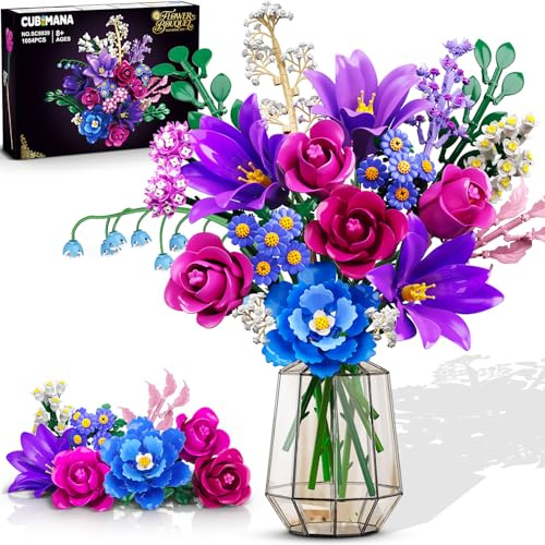 Bouquet Fleurs Kit Construction avec LED, 21 Plantes la Collection Botanique Jeu Blocs Construction, Roses Lys Décoration Maison Bureau, 1054 PCS Cadeau pour Femmes Adultes Enfants Filles 12+ (Violet)