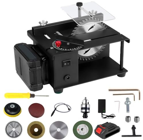 Mini scie circulaire de table, scie de table de précision avec batterie de 3000 mAh, 8 accessoires multifonctions, bandes abrasives, hauteur de coupe 35 mm, diamètre de coupe 110 mm, pour couper