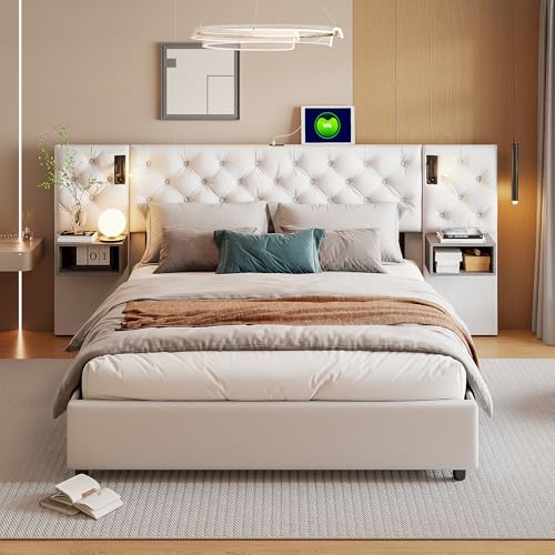 Générique Lit 160x200 Coffre avec liseuse et Port USB, Cadre de lit hydraulique avec Espace de Rangement et sommier à Lattes, pour Adolescents et Adultes, Velours, Beige, sans Matelas