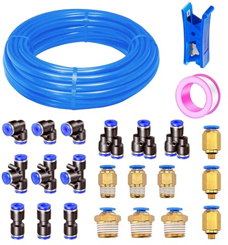 Tubo pneumatico HUAZIZ PU da 20 m, tubo pneumatico in poliuretano blu, tubo flessibile per aria compressa, con 21 connettori pneumatici, attacchi rapidi a spinta pneumatica, esterno 6mm x interno 4mm