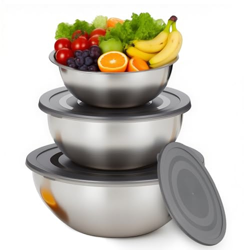 SXTDKMJ 3 Pcs Mixing Bowl Set, Salad Bowl with Lid Stainless Steel Nesting Bowls for Baking Serving Storing 17/19/22cm