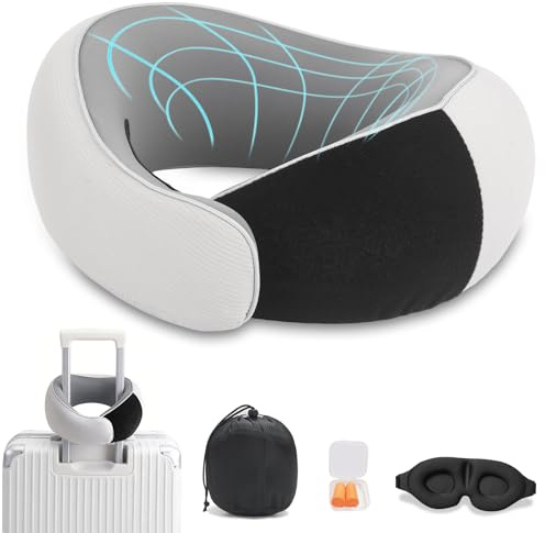 Ormark Travel Pillows for Airplanes, 2026 New Travel Pillow with Eye Mask & Ear Plugs, Travel Neck Pillow Airplane 100% Memory Foam 360 Degree Support Stowable Pillows(Gray)