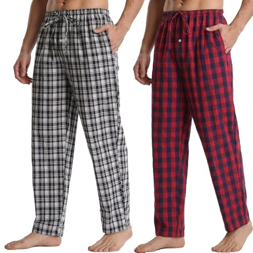 BEGIANT 2-pack pyjamasbyxor för män, bomull, loungebyxor med fickor, ultramjuka rutiga pyjamasbyxor för män, alla årstider, pyjamasbyxor, nattkläder, knappgylf