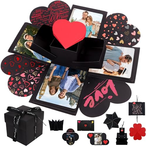 Black Explosion Gift Box, DIY Photo Explosion Box, Valentine's Day Folding Gift Box with Tape And Ribbon, Creative Surprise Box Explosion for Birthday Anniversary Wedding Proposal Engagement