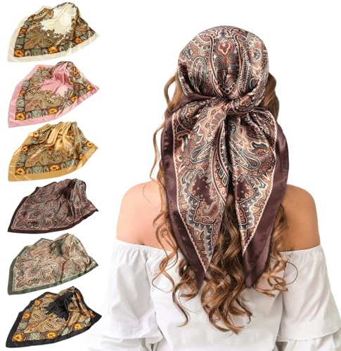 Meng Jiaran 6 Pack Large Square Satin Head Hair Scarf Bandana for Women | Like Silk Hair Silk Bandana Satin,Headscarf Squares Hair Towel Tie Scarf Neck Scarves Hair Wrap