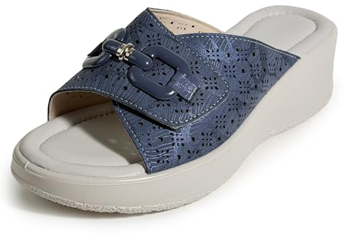 STRAPPO SOFT Sandales Femme Confort Été avec Scratch Réglable et Semelle Compensée 5.8 cm Mules Femme Légères et Respirantes pour Pieds Larges Maison et Extérieur