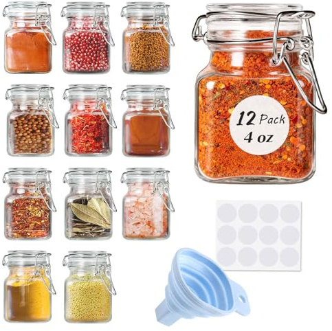 SPANLA Spice Jars, 12 Pack 4oz Small Glass Jars with Airtight Hinged Lid, With 12 Spice Labels & Silicone Funnels, Airtight Glass Jars for Spices, Art Craft Storage (12 Pack)